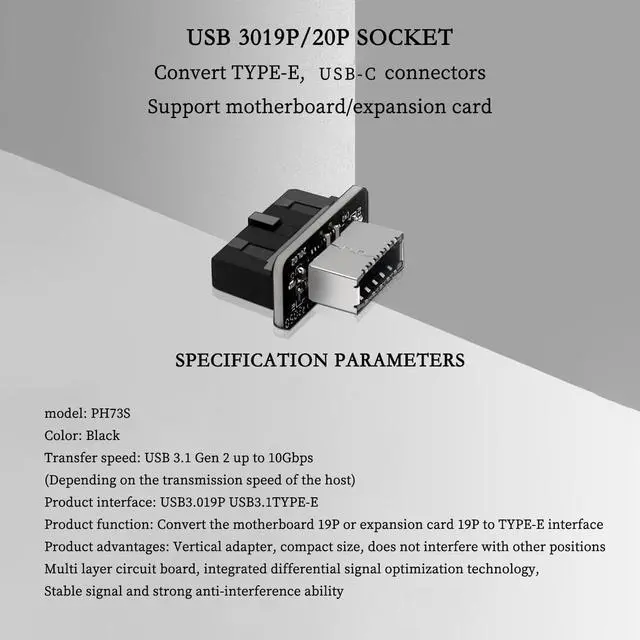 Alt view image 2 of 5 - PH73S USB Front Panel Adapter 10Gbps Type-E USB 3.0 Front 19PIN to 3.1 USB C Header Support for Motherboard with USB 3.0 USB3.1 19PIN Interface (6)