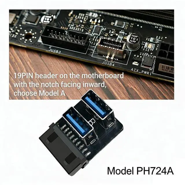 Alt view image 2 of 7 - PH724 USB 3.0 19 Pin Header to Dual Type A Adapter 90 Degree Front Panel USB A Expansion Converter Compatible with Motherboard Internal USB 3 Header (PH724A 3pcs)