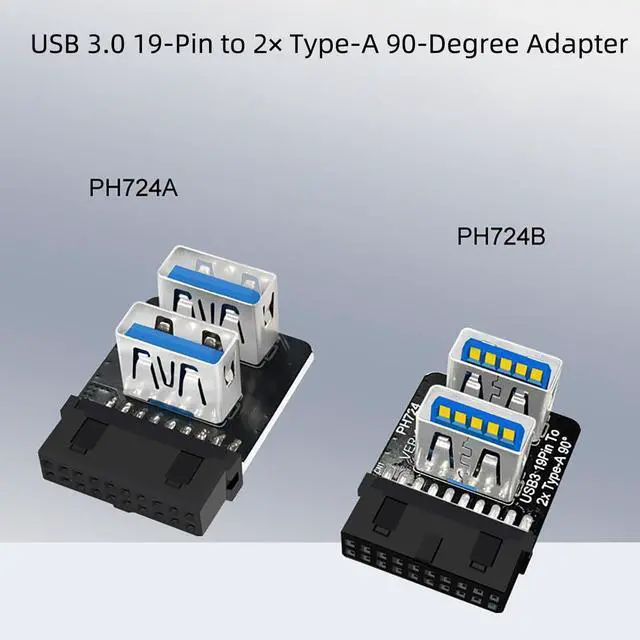 Alt view image 4 of 7 - PH724 USB 3.0 19 Pin Header to Dual Type A Adapter 90 Degree Front Panel USB A Expansion Converter Compatible with Motherboard Internal USB 3 Header (PH724A 3pcs)