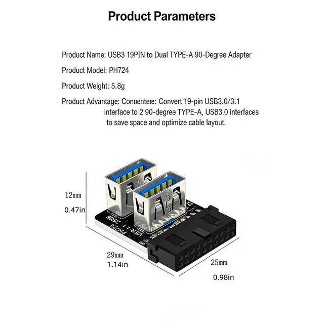 Alt view image 6 of 7 - PH724 USB 3.0 19 Pin Header to Dual Type A Adapter 90 Degree Front Panel USB A Expansion Converter Compatible with Motherboard Internal USB 3 Header (PH724A 3pcs)