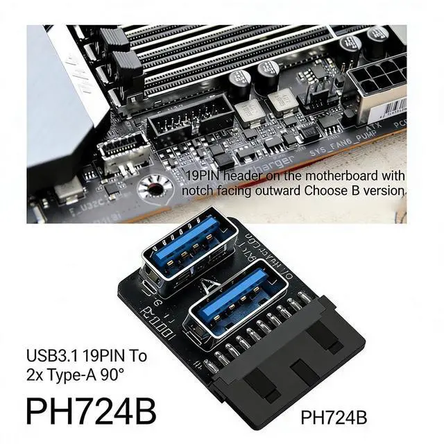 Alt view image 2 of 7 - PH724 USB 3.0 19 Pin Header to Dual Type A Adapter 90 Degree Front Panel USB A Expansion Converter Compatible with Motherboard Internal USB 3 Header (PH724B 3pcs)