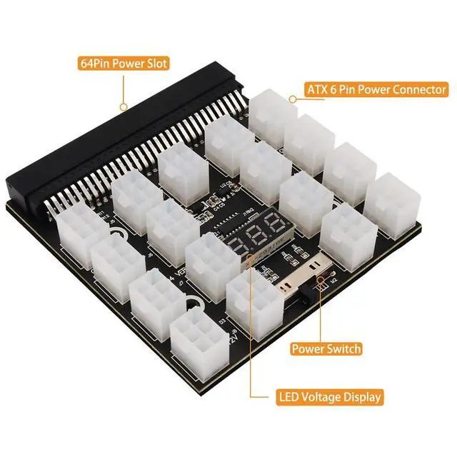 Alt view image 3 of 7 - 64 Pin to ATX 6 Pin GPU Power Adapter 12V Server Power Supply Breakout Board with LED Voltage Display (17Port 6pin)