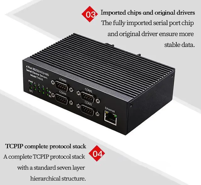 Alt view image 5 of 7 - 4 Port RS485 RS232 RS422 Serial Device Server DIN Rail Mount Industrial Ethernet Converter 10 100Mbps Multi Protocol Serial to Network Module