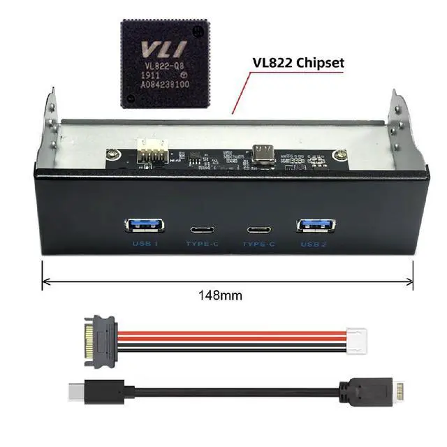 Alt view image 2 of 7 - 4-Port Internal USB 3.1 Gen 2 Front Panel Hub(2X Type-A + 2X Type-C) for 5.25" Bay Connects to Motherboard Type-E Header