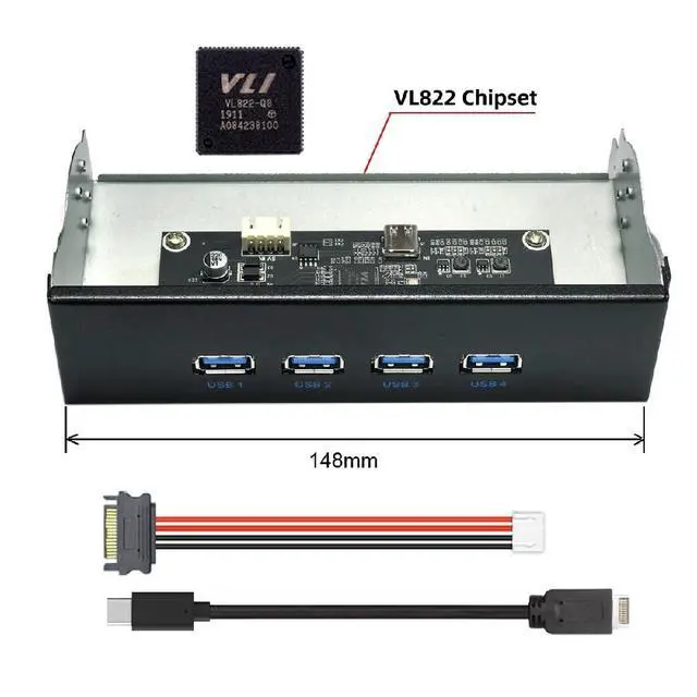 Alt view image 2 of 7 - 4-Port 10Gbps Front Panel Internal USB 3.1 Gen 2 Type-C to Type-A to Motherboard Internal Type-E Hub Adapter for 5.25" Bay