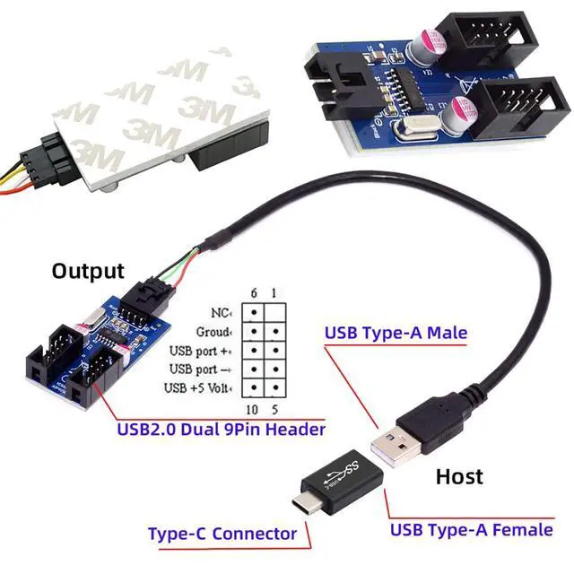 Alt view image 4 of 7 - USB 3.1 to 9Pin 10 Pin Motherboard HUB USB-C to USB 2.0 Type-A Male 1 to 2 Female Motherboard 9pin 10pinHeader HUB Adapter Port Multiplier