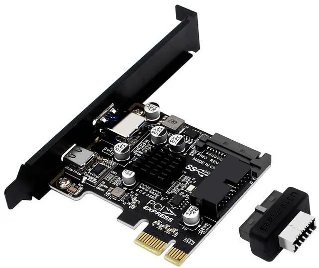 Main image of PH63C PCIe X1 to USB 3.0 A, USB-C, Type-E, 19/20-Pin Expansion Card with SATA 15-Pin Power and Aluminum Heatsink Compatible with Desktop PC Windows/Linux/MacOS (Full-Height Baffle)