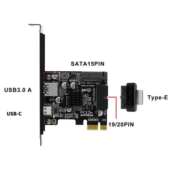 Alt view image 3 of 7 - PH63C PCIe X1 to USB 3.0 A, USB-C, Type-E, 19/20-Pin Expansion Card with SATA 15-Pin Power and Aluminum Heatsink Compatible with Desktop PC Windows/Linux/MacOS (Full-Height Baffle)