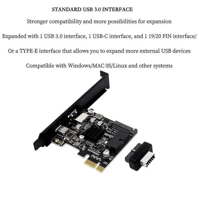 Alt view image 4 of 7 - PH63C PCIe X1 to USB 3.0 A, USB-C, Type-E, 19/20-Pin Expansion Card with SATA 15-Pin Power and Aluminum Heatsink Compatible with Desktop PC Windows/Linux/MacOS (Full-Height Baffle)