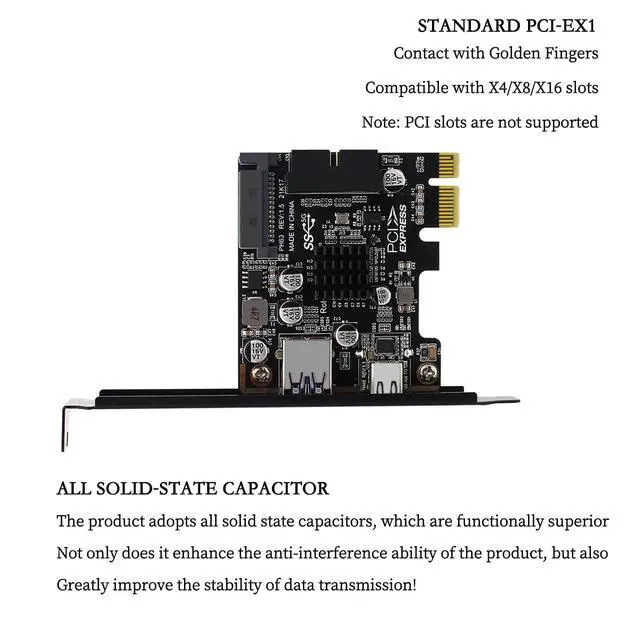 Alt view image 5 of 7 - PH63C PCIe X1 to USB 3.0 A, USB-C, Type-E, 19/20-Pin Expansion Card with SATA 15-Pin Power and Aluminum Heatsink Compatible with Desktop PC Windows/Linux/MacOS (Full-Height Baffle)