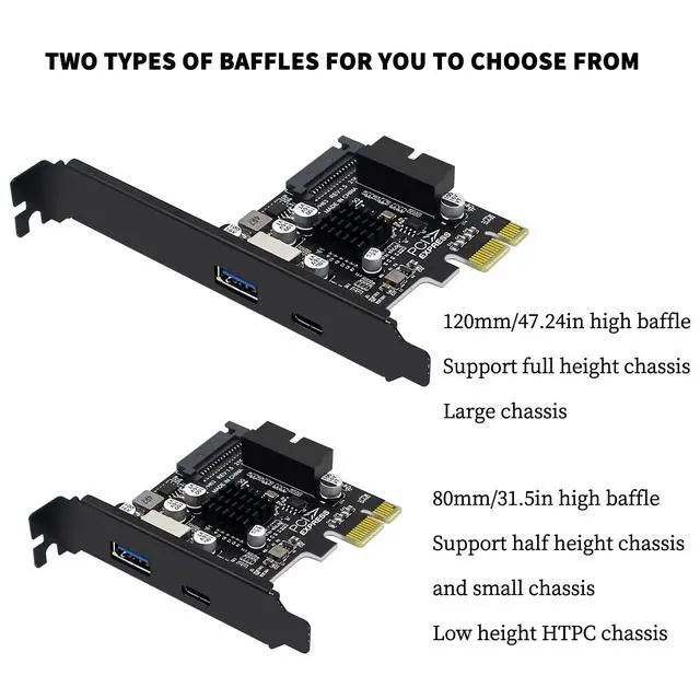 Alt view image 6 of 7 - PH63C PCIe X1 to USB 3.0 A, USB-C, Type-E, 19/20-Pin Expansion Card with SATA 15-Pin Power and Aluminum Heatsink Compatible with Desktop PC Windows/Linux/MacOS (Full-Height Baffle)
