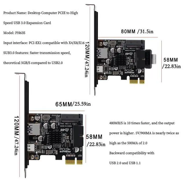 Alt view image 7 of 7 - PH63C PCIe X1 to USB 3.0 A, USB-C, Type-E, 19/20-Pin Expansion Card with SATA 15-Pin Power and Aluminum Heatsink Compatible with Desktop PC Windows/Linux/MacOS (Full-Height Baffle)