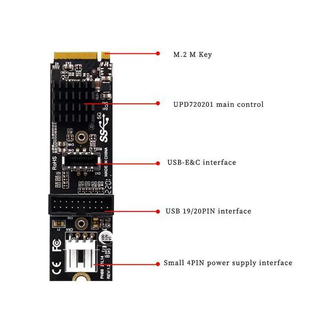 Alt view image 2 of 7 - PH69 M.2 MKEY PCIe to Front USB3.1 Type-E&C+19/20P Expansion Card with Small 4Pin Power Supply Interface