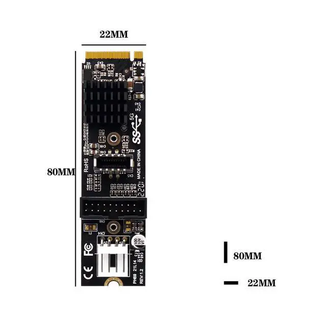 Alt view image 5 of 7 - PH69 M.2 MKEY PCIe to Front USB3.1 Type-E&C+19/20P Expansion Card with Small 4Pin Power Supply Interface