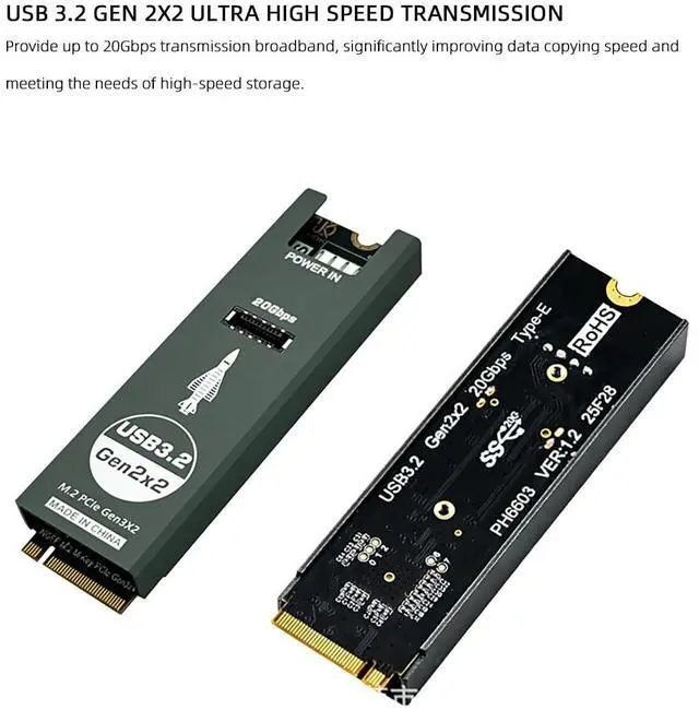 Alt view image 5 of 6 - M.2 NVMe to USB 3.2 Front Panel Expansion Card Type-E+C 10Gbps*2 / 20Gbps High Speed, Aluminum Case with 4-Layer PCB (PH6603PLUS, 20Gbps*1)