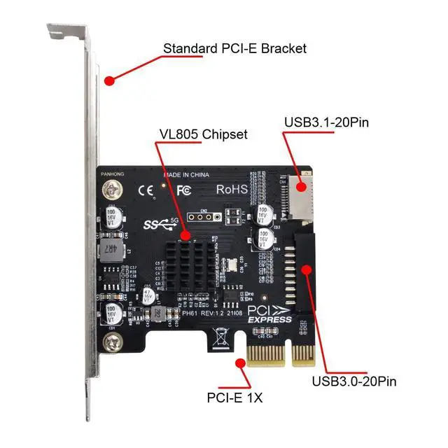 Alt view image 6 of 7 - 5Gbps Type-E USB 3.1 Front Panel Socket & USB 2.0 to PCI-E 1X Express Card VL805 Adapter for Motherboard