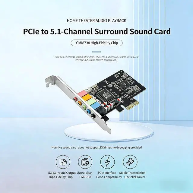 Alt view image 2 of 7 - PCIe X1 to 5.1CH Internal Sound Card with CMI87384CH Chip 5.1 Channel Surround Stereo Audio Card for Desktop PC Compatible with A3D, DS3D, DirectSound 3D, EAX Sound Effects