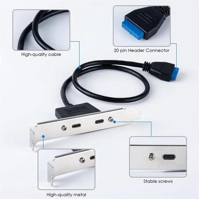 Alt view image 5 of 7 - 5Gbps 19/20Pin USB3.0 Motherboard to Dual Ports USB-C Type-C Female PCI-E Back Panel Cable 50cm
