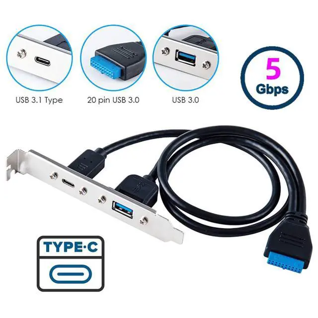 Alt view image 3 of 7 - 5Gbps 19/20Pin USB3.0 Motherboard to Dual Ports USB 3.0 & USB-C Type-C Female PCI-E Back Panel Cable 50cm
