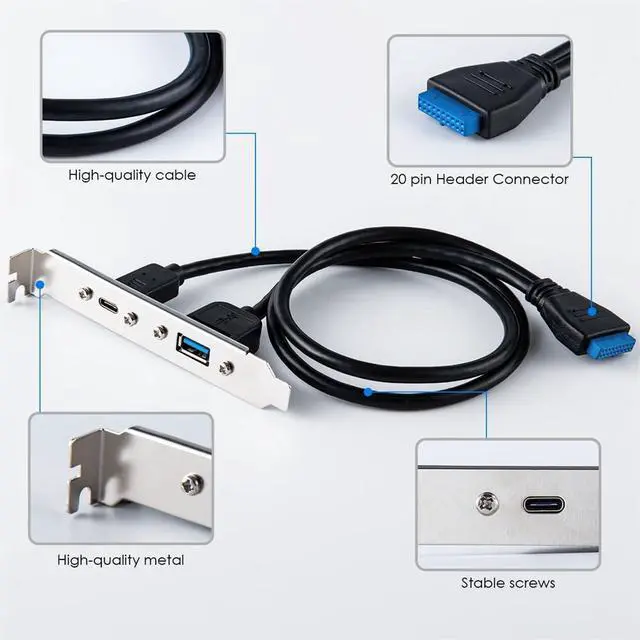 Alt view image 5 of 7 - 5Gbps 19/20Pin USB3.0 Motherboard to Dual Ports USB 3.0 & USB-C Type-C Female PCI-E Back Panel Cable 50cm