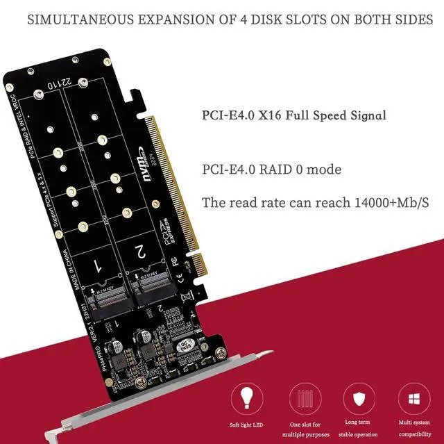 Alt view image 3 of 7 - PH44PRO Dual-Sided 4* M.2 M-Key NVME to PCIe X16 Splitter Card 4 * 32Gbps 2U Server RAID Array Expansion Adapter Support 2242 2260 2280 22110 SSD