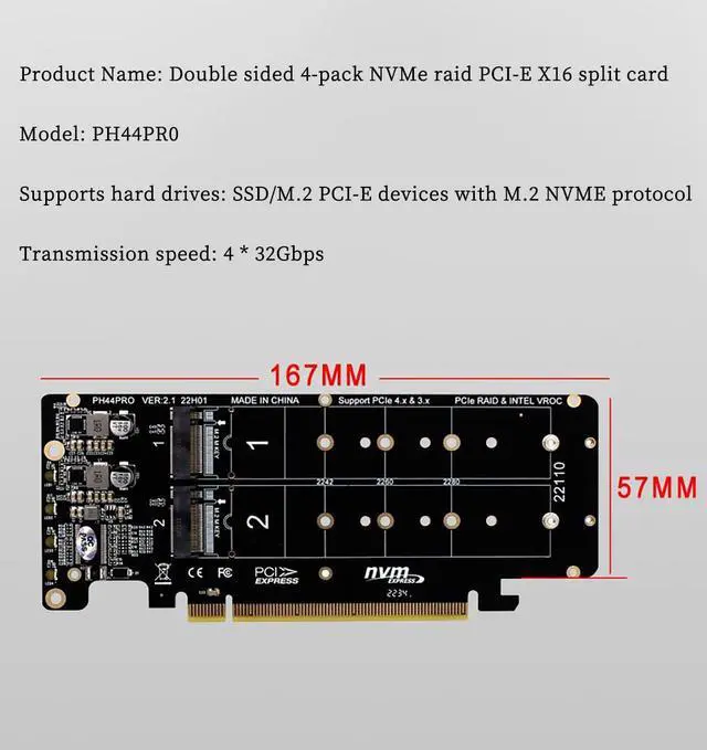 Alt view image 6 of 7 - PH44PRO Dual-Sided 4* M.2 M-Key NVME to PCIe X16 Splitter Card 4 * 32Gbps 2U Server RAID Array Expansion Adapter Support 2242 2260 2280 22110 SSD
