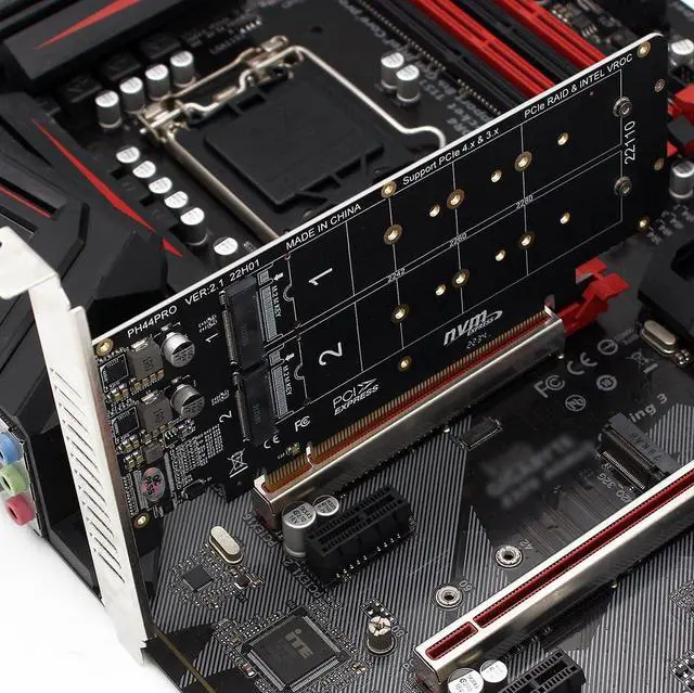 Alt view image 7 of 7 - PH44PRO Dual-Sided 4* M.2 M-Key NVME to PCIe X16 Splitter Card 4 * 32Gbps 2U Server RAID Array Expansion Adapter Support 2242 2260 2280 22110 SSD