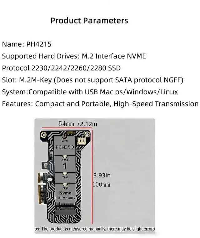 Alt view image 4 of 7 - PH4215 M2 Mkey SSD to PCIe 5.0 x4 Adapter Card M Key Expansion Compatible with M.2 NVMe 2230 2242 2260 2280 SSD (with Half Baffle)