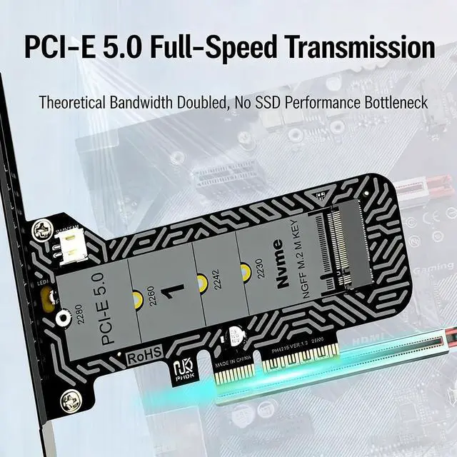 Alt view image 7 of 7 - PH4215 M2 Mkey SSD to PCIe 5.0 x4 Adapter Card M Key Expansion Compatible with M.2 NVMe 2230 2242 2260 2280 SSD (with Half Baffle)