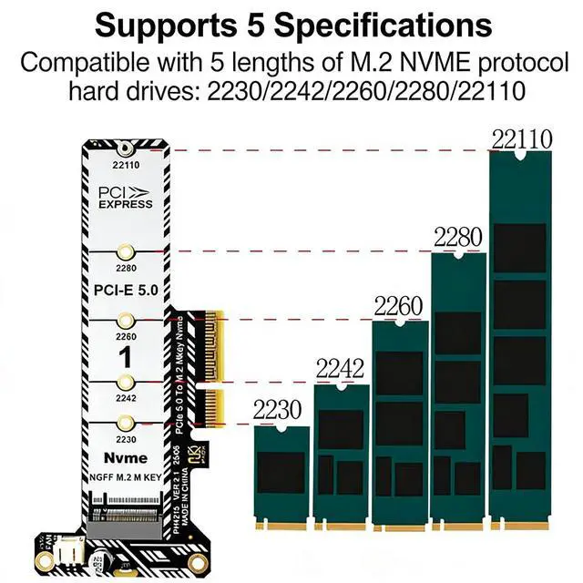 Alt view image 6 of 7 - PH4215L M2 Mkey SSD to PCIe 5.0 x4 Adapter Card M Key Expansion Compatible with M.2 NVMe 2230 2242 2260 2280 22110 SSD (Full-Height Baffle)