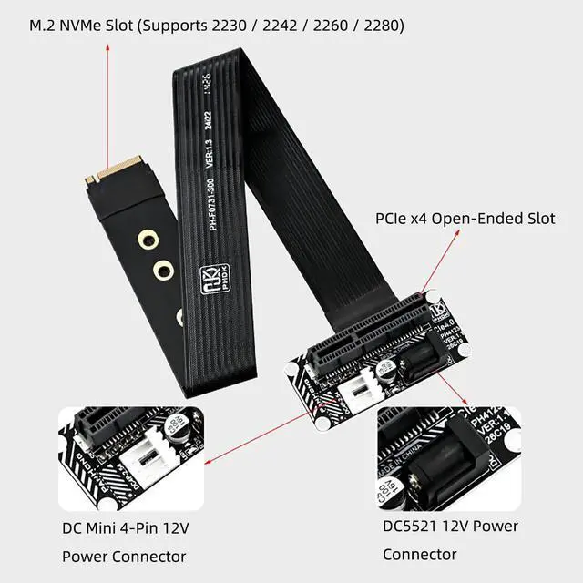 Alt view image 3 of 7 - PH4123 M.2 M-Key to PCIe 4.0 x4 Extension Cable 64Gbps, Compatible with PCIe 4.0/3.0/2.0, FPC Flexible Ribbon, for NVMe SSD or External PCIe Devices (PH4123A-30cm)
