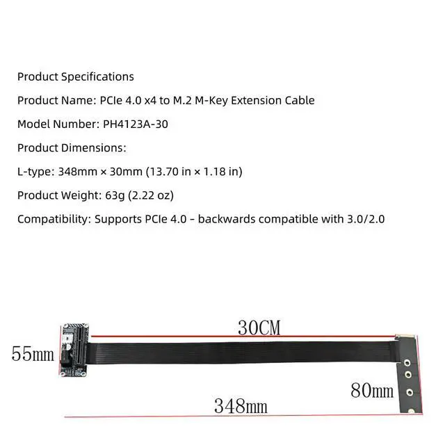 Alt view image 6 of 7 - PH4123 M.2 M-Key to PCIe 4.0 x4 Extension Cable 64Gbps, Compatible with PCIe 4.0/3.0/2.0, FPC Flexible Ribbon, for NVMe SSD or External PCIe Devices (PH4123A-30cm)