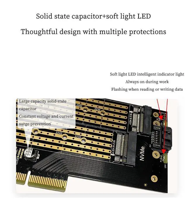Alt view image 3 of 6 - PCIe 3.0 to M.2 NVMe/NGFF SSD Adapter Card High-Speed Expansion for Desktop PCs, Supports M Key/B Key/B&M Key, 2230 to 22110 Size Compatibility (Single Slot NVMe MKey)