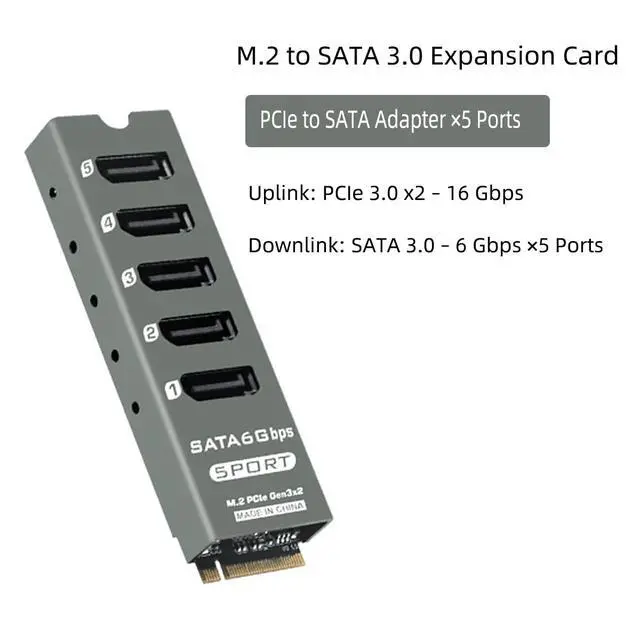 Alt view image 2 of 7 - PH56PLUS M.2 PCIe M-Key to 5 Port SATA 3.0 6Gbps Adapter Card SATA Expansion for Desktop/PC, Supports PM, with Aluminum Enclosure & Activity LEDs