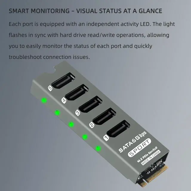 Alt view image 4 of 7 - PH56PLUS M.2 PCIe M-Key to 5 Port SATA 3.0 6Gbps Adapter Card SATA Expansion for Desktop/PC, Supports PM, with Aluminum Enclosure & Activity LEDs