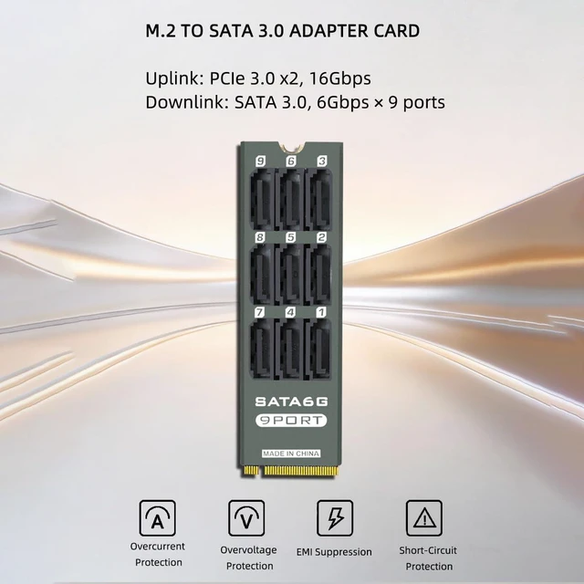 Alt view image 2 of 7 - M.2 to SATA3.0 9Port 8Port Adapter, PCIe 3.0 x2 16Gbps, SATA3.0 6Gbps Expander Card with Aluminum Case, Support 2.5/3.5 Inch HDD/SSD (PH519PLUS, 9port)