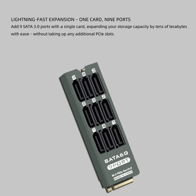 Alt view image 5 of 7 - M.2 to SATA3.0 9Port 8Port Adapter, PCIe 3.0 x2 16Gbps, SATA3.0 6Gbps Expander Card with Aluminum Case, Support 2.5/3.5 Inch HDD/SSD (PH519PLUS, 9port)