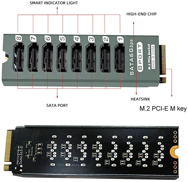 Alt view image 2 of 7 - M.2 to SATA3.0 9Port 8Port Adapter, PCIe 3.0 x2 16Gbps, SATA3.0 6Gbps Expander Card with Aluminum Case, Support 2.5/3.5 Inch HDD/SSD (PH518PLUS, 8port)