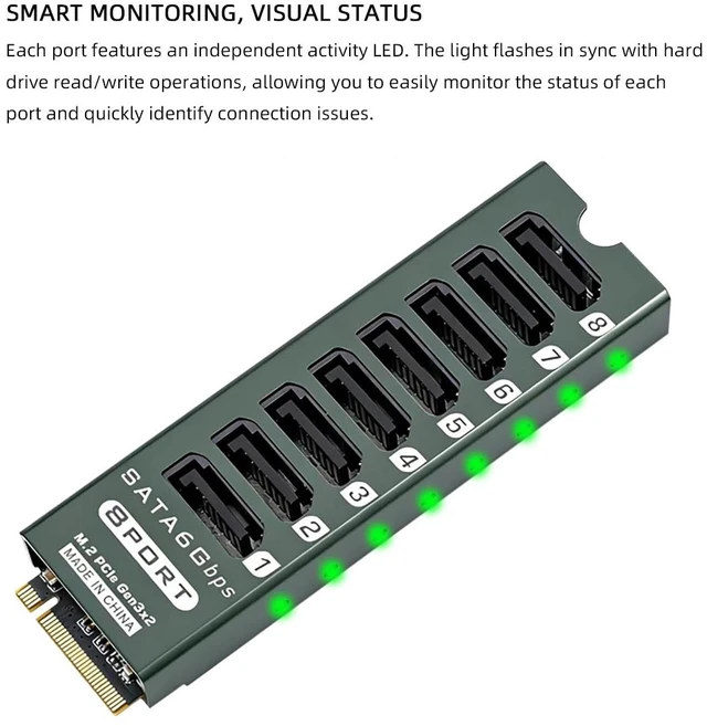 Alt view image 3 of 7 - M.2 to SATA3.0 9Port 8Port Adapter, PCIe 3.0 x2 16Gbps, SATA3.0 6Gbps Expander Card with Aluminum Case, Support 2.5/3.5 Inch HDD/SSD (PH518PLUS, 8port)