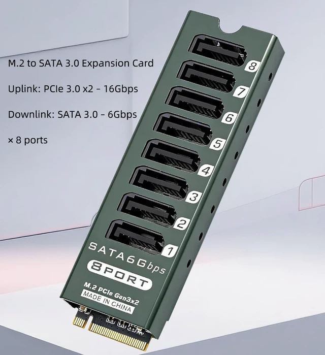Alt view image 4 of 7 - M.2 to SATA3.0 9Port 8Port Adapter, PCIe 3.0 x2 16Gbps, SATA3.0 6Gbps Expander Card with Aluminum Case, Support 2.5/3.5 Inch HDD/SSD (PH518PLUS, 8port)