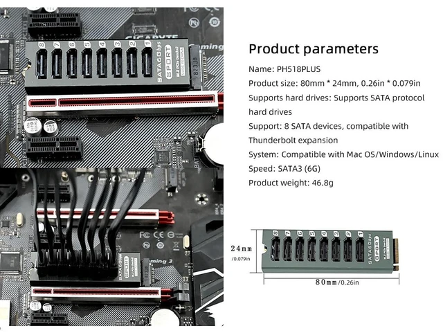 Alt view image 5 of 7 - M.2 to SATA3.0 9Port 8Port Adapter, PCIe 3.0 x2 16Gbps, SATA3.0 6Gbps Expander Card with Aluminum Case, Support 2.5/3.5 Inch HDD/SSD (PH518PLUS, 8port)