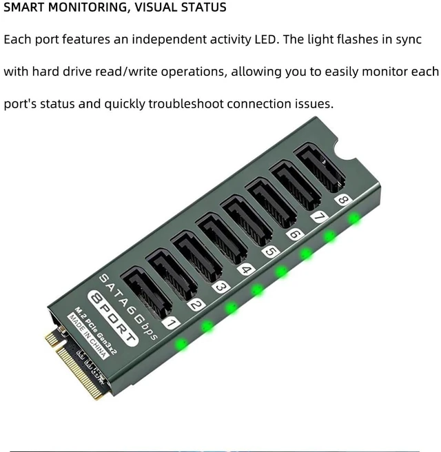 Alt view image 7 of 7 - M.2 to SATA3.0 9Port 8Port Adapter, PCIe 3.0 x2 16Gbps, SATA3.0 6Gbps Expander Card with Aluminum Case, Support 2.5/3.5 Inch HDD/SSD (PH518PLUS, 8port)