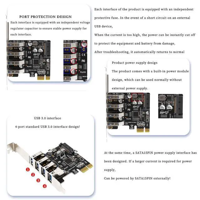 Alt view image 3 of 7 - PH64 PCIe3.0 X1 to 4Port USB3.0 Expansion Card 5Gbps for 2U/4U Chassis Dual Power Supply Compatible with Wins XP, Vista, Wins 7,Wins8,Wins10