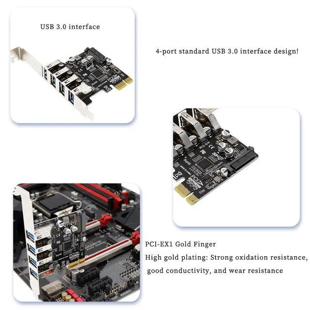 Alt view image 4 of 7 - PH64 PCIe3.0 X1 to 4Port USB3.0 Expansion Card 5Gbps for 2U/4U Chassis Dual Power Supply Compatible with Wins XP, Vista, Wins 7,Wins8,Wins10