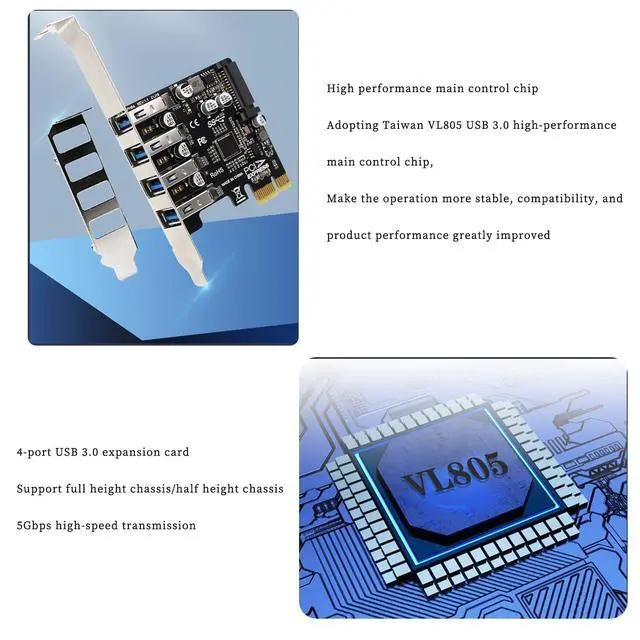 Alt view image 5 of 7 - PH64 PCIe3.0 X1 to 4Port USB3.0 Expansion Card 5Gbps for 2U/4U Chassis Dual Power Supply Compatible with Wins XP, Vista, Wins 7,Wins8,Wins10