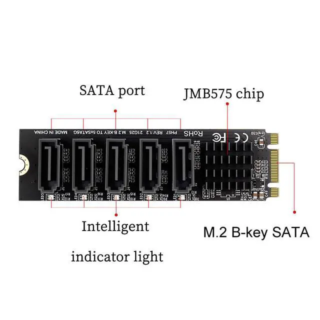 Alt view image 2 of 7 - PH57 M.2 NGFF Bkey to 5Ports SATA III Expansion Card 6Gbps with LED Indicator Support Computer with SATA PM Function