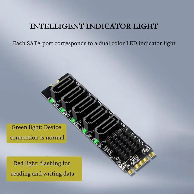 Alt view image 3 of 7 - PH57 M.2 NGFF Bkey to 5Ports SATA III Expansion Card 6Gbps with LED Indicator Support Computer with SATA PM Function