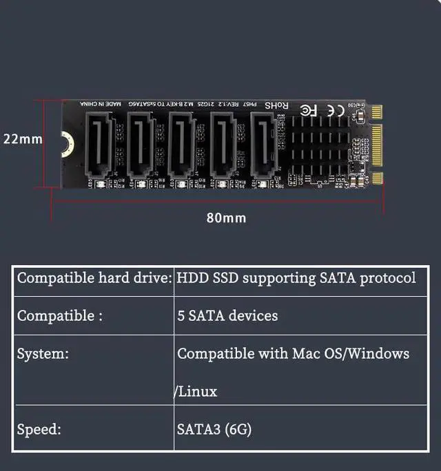 Alt view image 7 of 7 - PH57 M.2 NGFF Bkey to 5Ports SATA III Expansion Card 6Gbps with LED Indicator Support Computer with SATA PM Function