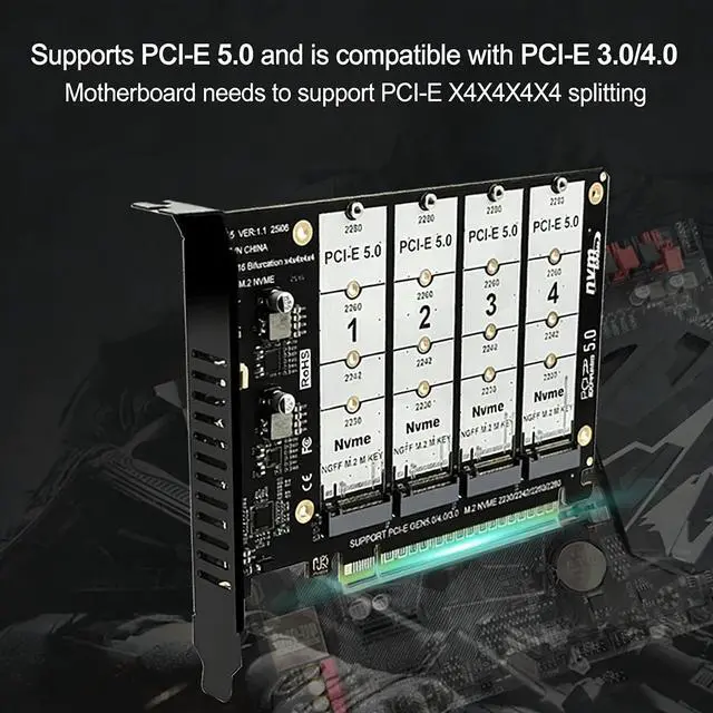 Alt view image 2 of 7 - PH4245 PCIe 5.0 x16 to Quad M2 SSD Adapter Card Four Slot M Key Expansion Supports Software RAID Requires x4x4x4x4 Bifurcation Compatible with NVMe 2230 2242 2260 2280 SSD
