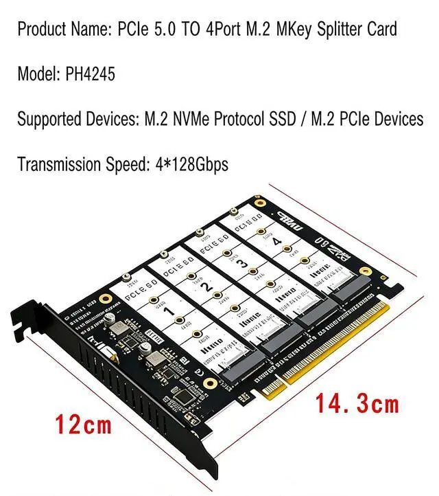 Alt view image 4 of 7 - PH4245 PCIe 5.0 x16 to Quad M2 SSD Adapter Card Four Slot M Key Expansion Supports Software RAID Requires x4x4x4x4 Bifurcation Compatible with NVMe 2230 2242 2260 2280 SSD